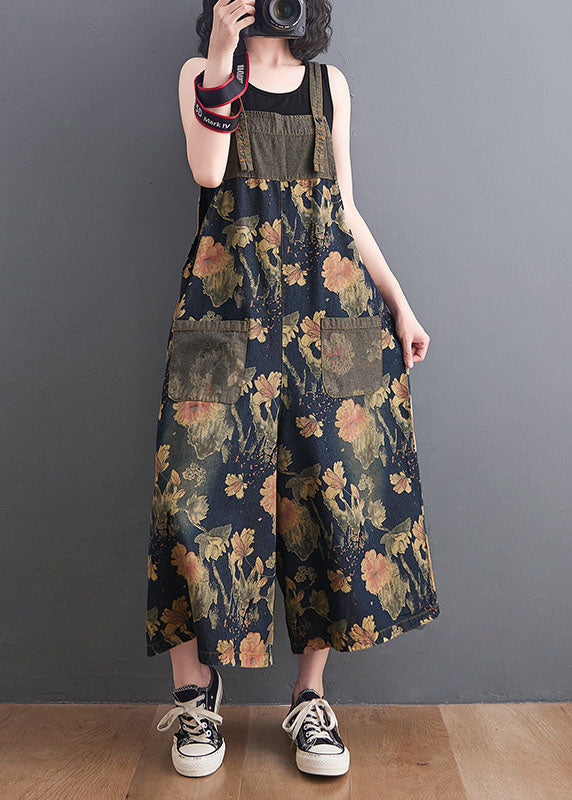 Diy Navy Print Pockets Patchwork Denim Jumpsuits Summer