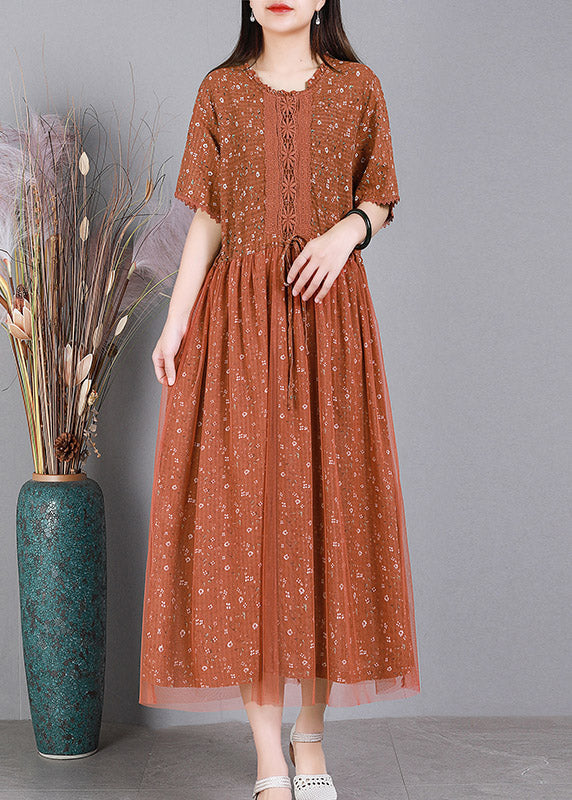 Diy Orange Tie Waist Embroideried Tulle Dress Short Sleeve