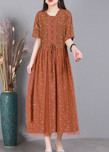 Diy Orange Tie Waist Embroideried Tulle Dress Short Sleeve