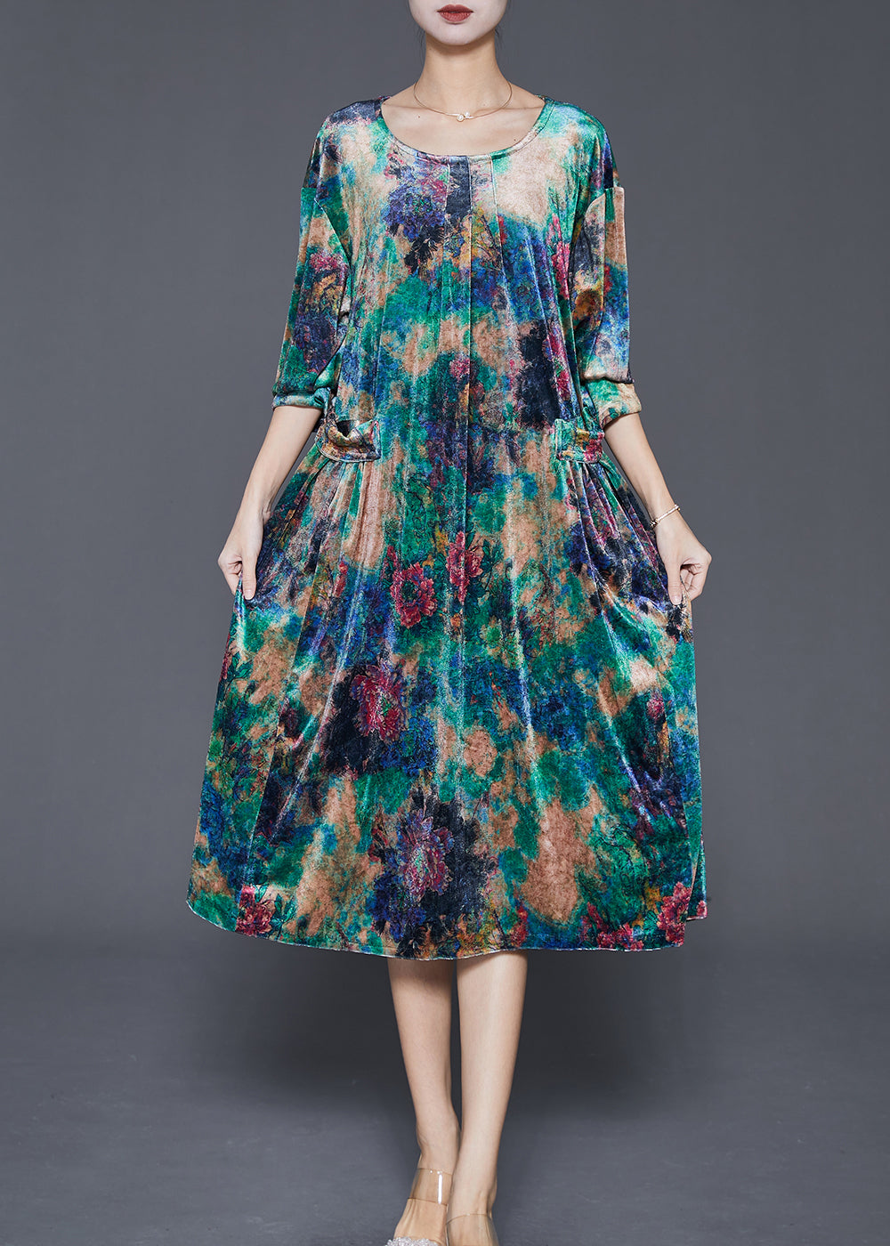 Diy Peacock Green Oversized Print Silk Velour Mid Dress Fall