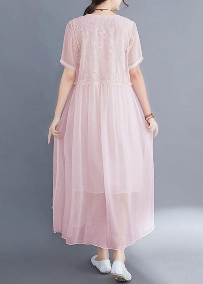 Diy Pink Embroideried Exra Large Hem Cotton Long Dress Summer