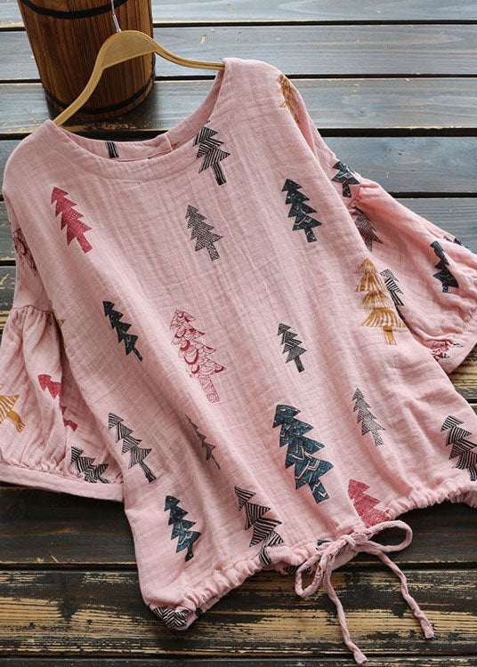 Diy Pink O Neck Print Cinched Patchwork Cotton Shirt Top Summer