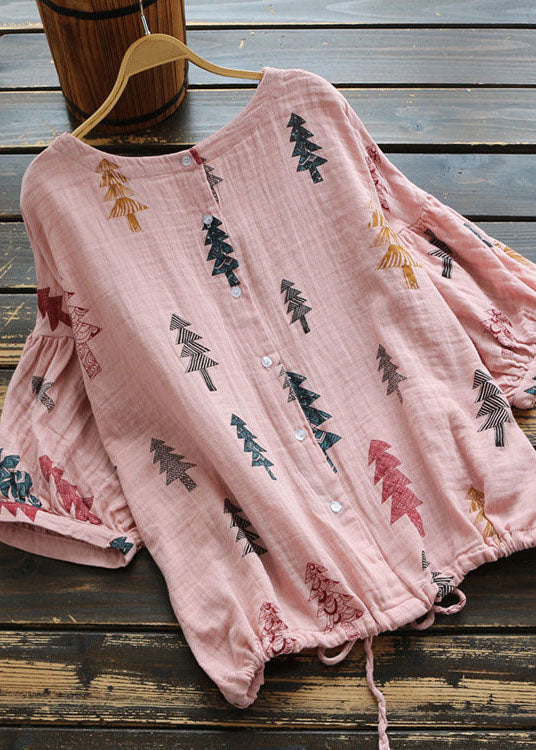 Diy Pink O Neck Print Cinched Patchwork Cotton Shirt Top Summer