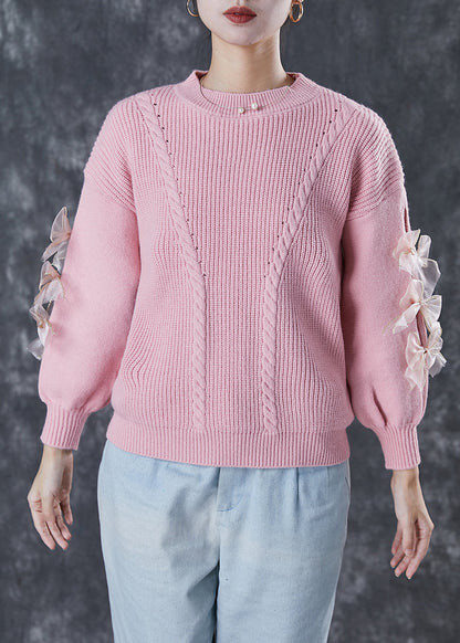 Diy Pink Thick Patchwork Bow Knit Sweater Winter