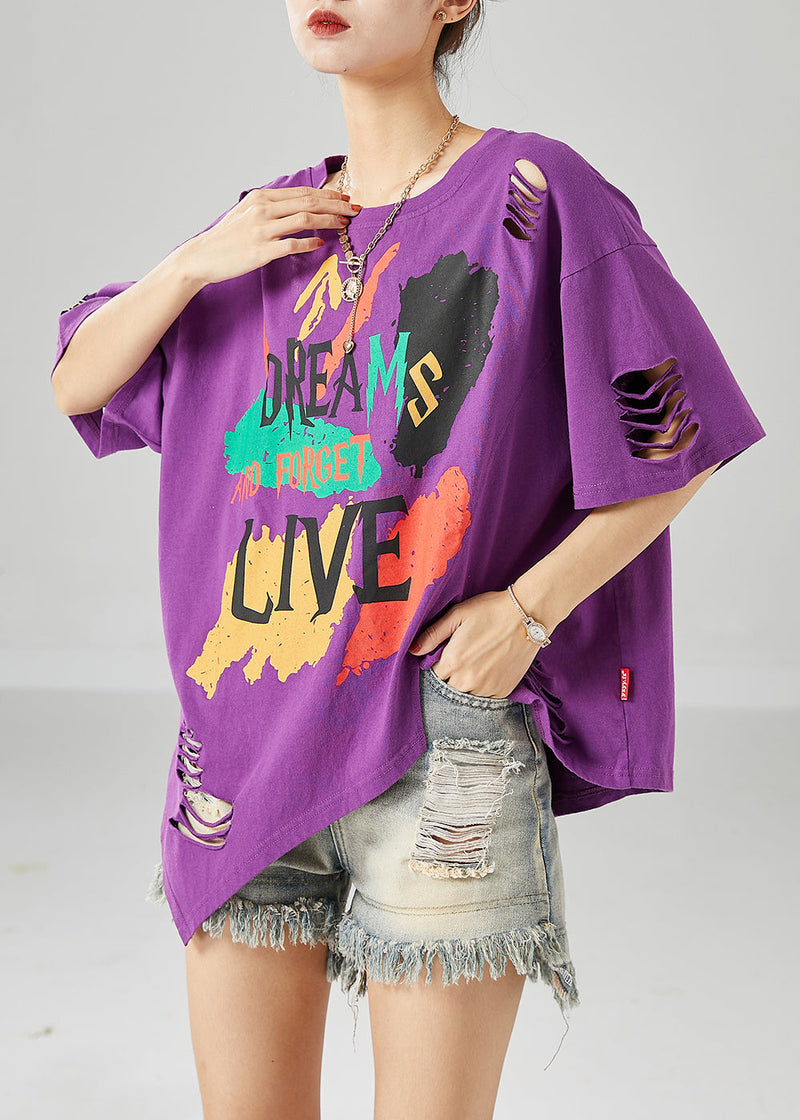 Diy Purple Asymmetrical Print Cotton Tank Tops Summer