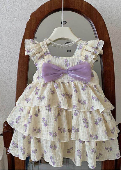 Diy Purple Print Bow Wrinkled Patchwork Cotton Kids Dress Summer