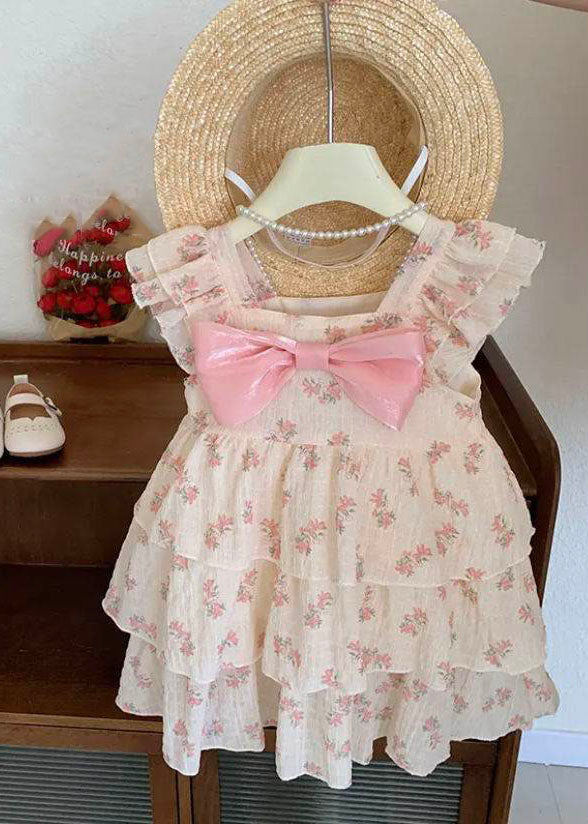 Diy Purple Print Bow Wrinkled Patchwork Cotton Kids Dress Summer