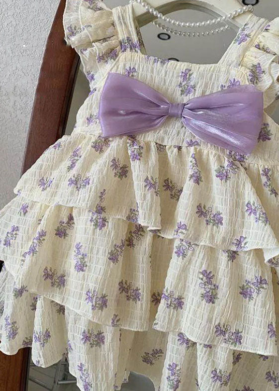 Diy Purple Print Bow Wrinkled Patchwork Cotton Kids Dress Summer