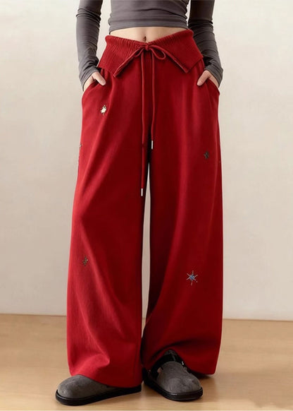 Diy Red Embroidered Tie Waist Cotton Straight Pants Spring