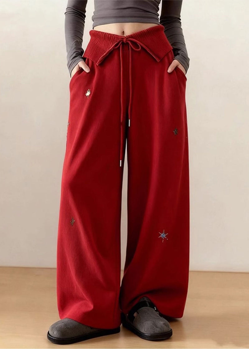 Diy Red Embroidered Tie Waist Cotton Straight Pants Spring