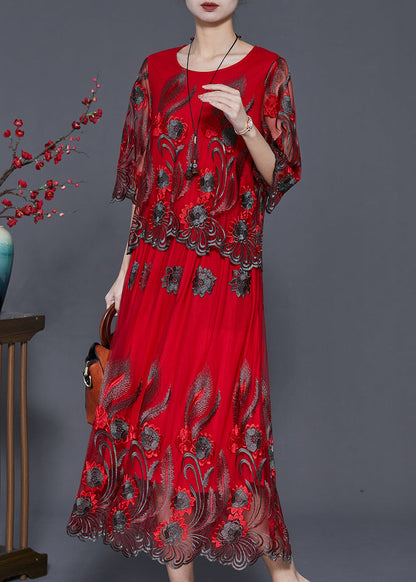 Diy Red Embroidered Tulle Vacation Dresses Summer