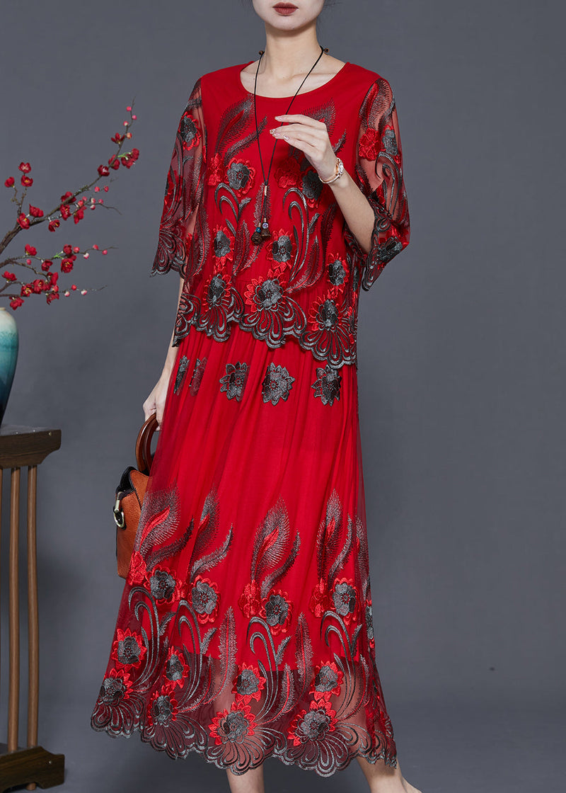 Diy Red Embroidered Tulle Vacation Dresses Summer