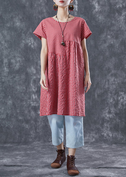 Diy Red Oversized Patchwork Plaid Linen Dresses Summer