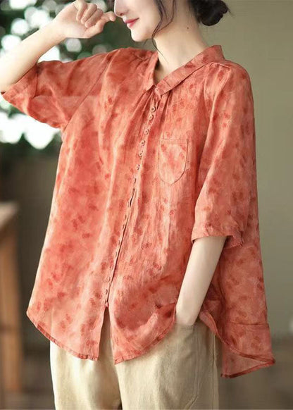 Diy Red Peter Pan Collar Print Patchwork Linen Blouses Summer