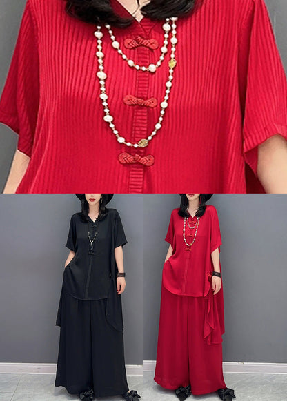 Diy Red V Neck Asymmetrical Shirts and Wide Leg Pants Two Piece Set Spring