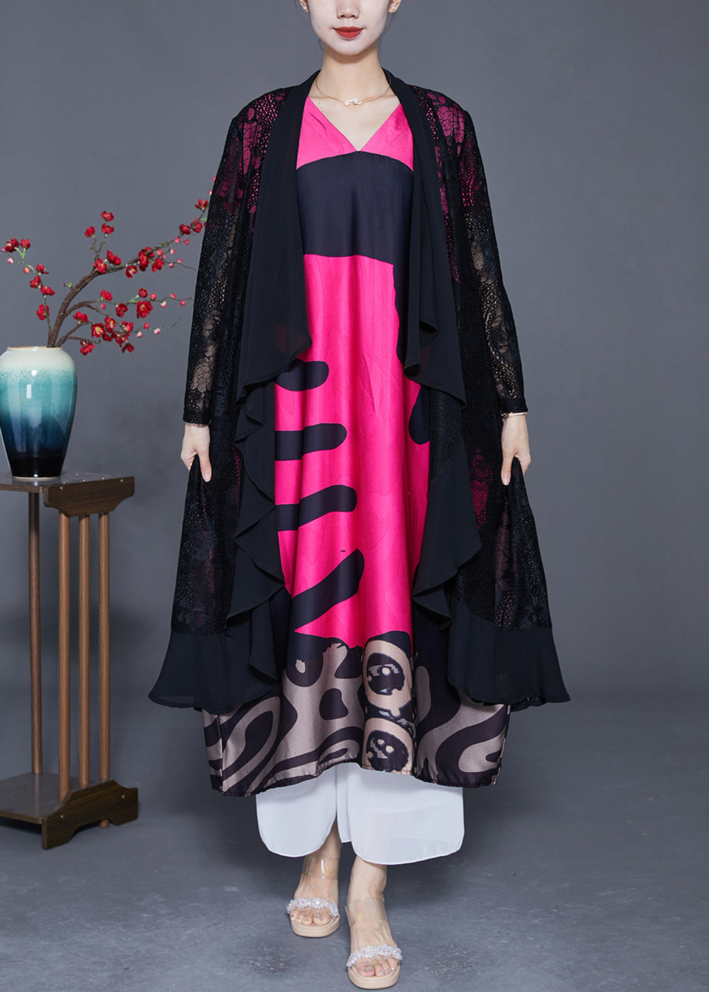Diy Rose V Neck Patchwork Print Silk Maxi Dresses Summer