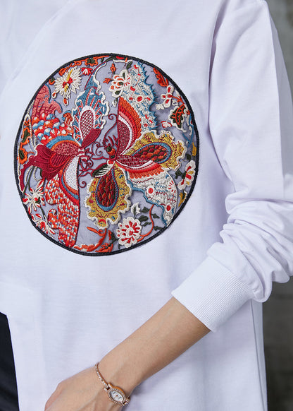 Diy White Asymmetrical Embroidered Cotton Blouses Spring