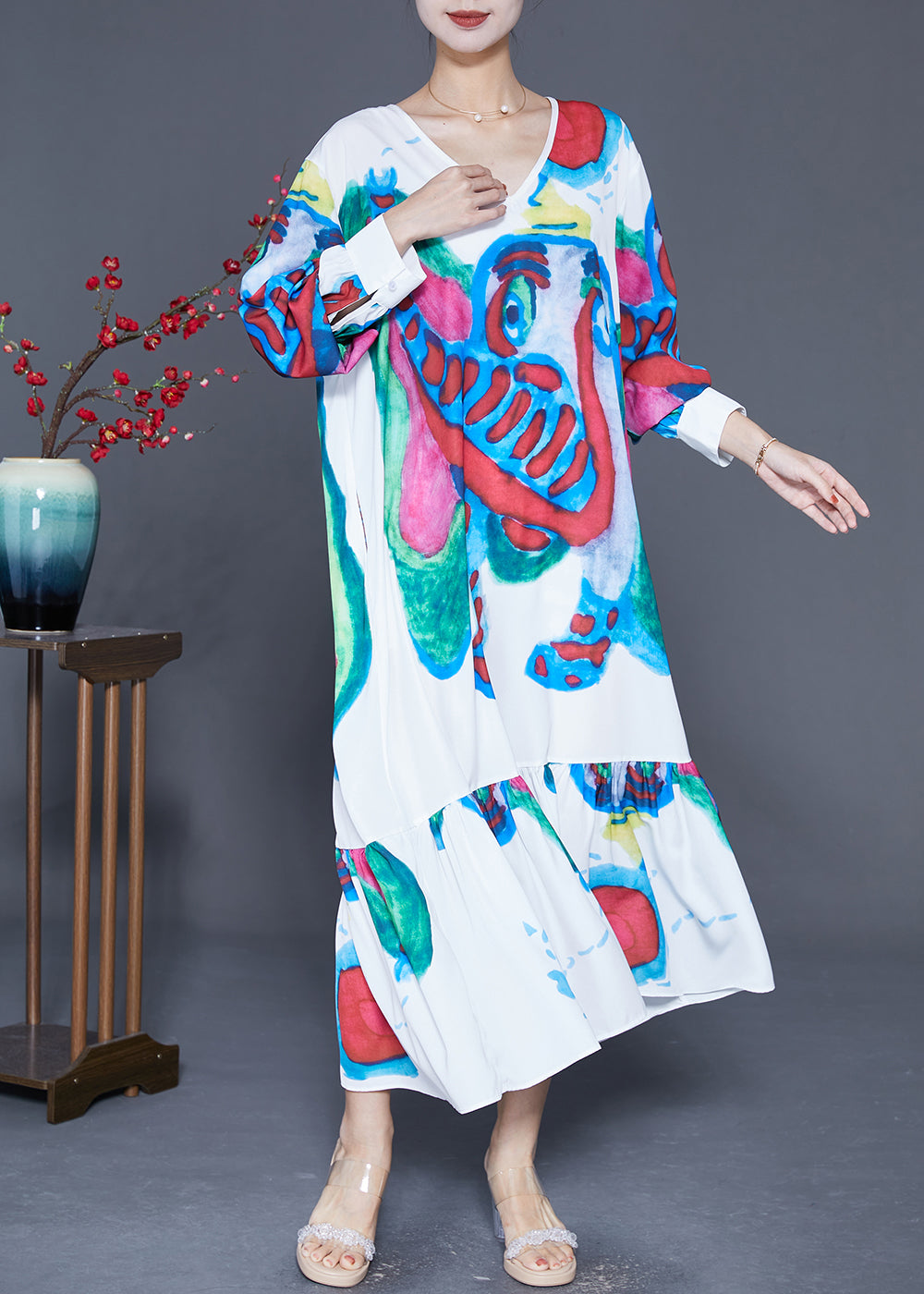 Diy White Elephant Graffiti Patchwork Ruffles Chiffon Party Dress Summer