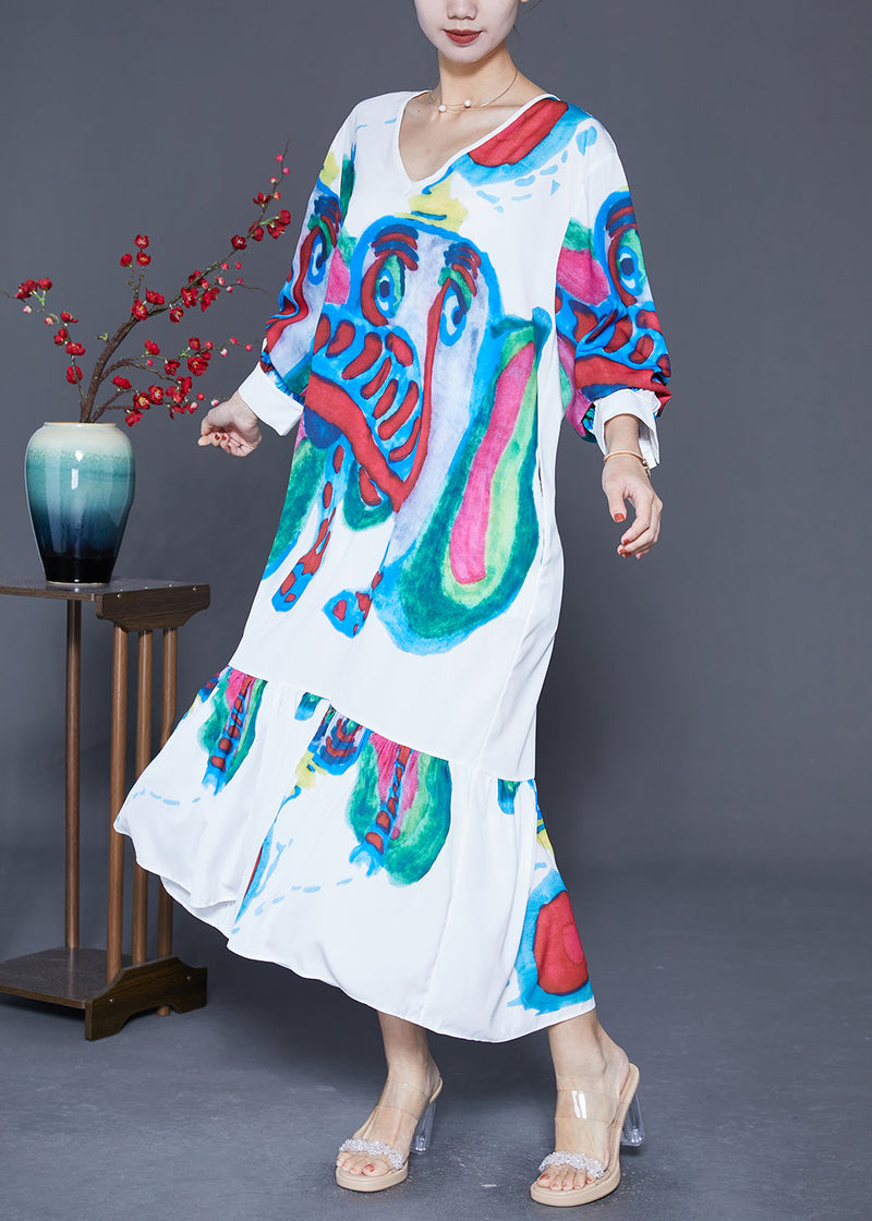 Diy White Elephant Graffiti Patchwork Ruffles Chiffon Party Dress Summer