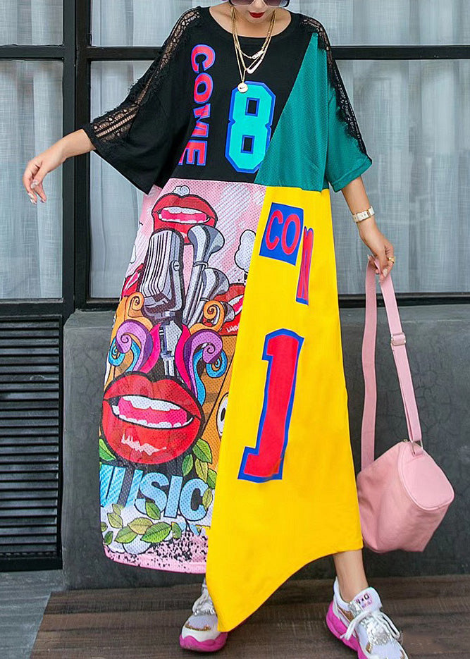 Diy White O-neck Asymmetrical Print Lace Patchwork Long Dress Summer