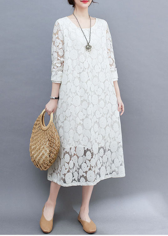 Diy White O-neck Lace Long Dresses Long Sleeve