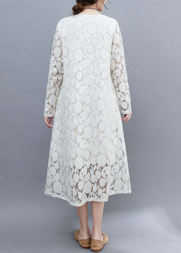 Diy White O-neck Lace Long Dresses Long Sleeve