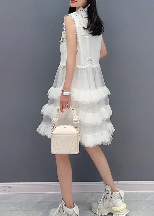 Diy White Peter Pan Collar Print Waistcoat Patchwork Tulle Party Mid Dress Sleeveless