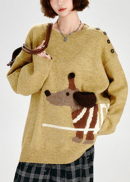 Diy Yellow Asymmetrical Dog Jacquard Knit Sweater Tops Winter