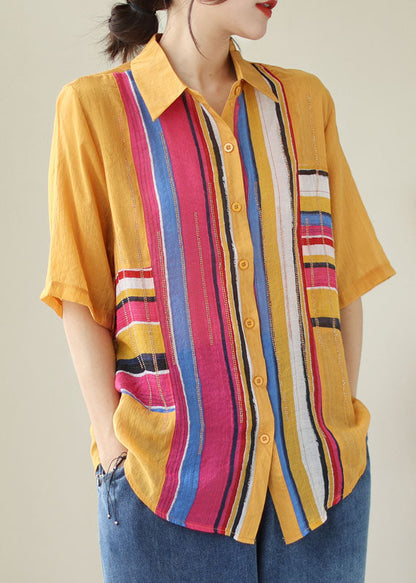 Diy Yellow Striped Zircon Patchwork Cotton Shirts Tops Summer