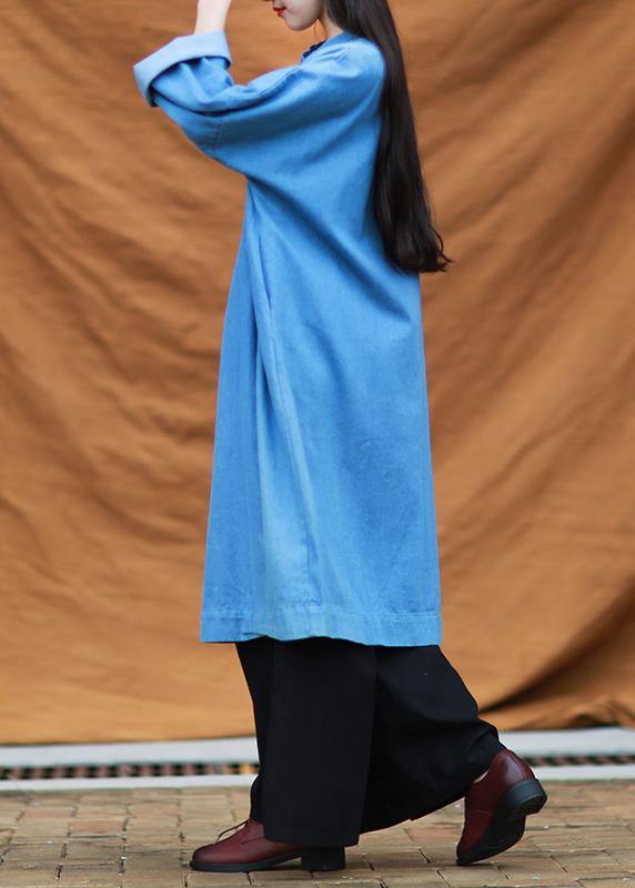 Diy Denim Blue Quilting Dresses Stand Collar Patchwork Maxi Dresses