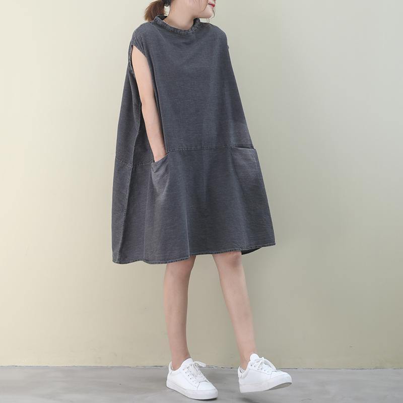 Diy O Neck Sleeveless Cotton Outfit Denim Gray Dress