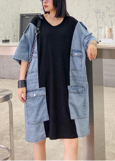 Diy O Neck Summer Tunics for Black Patchwork Denim Blue Dresses