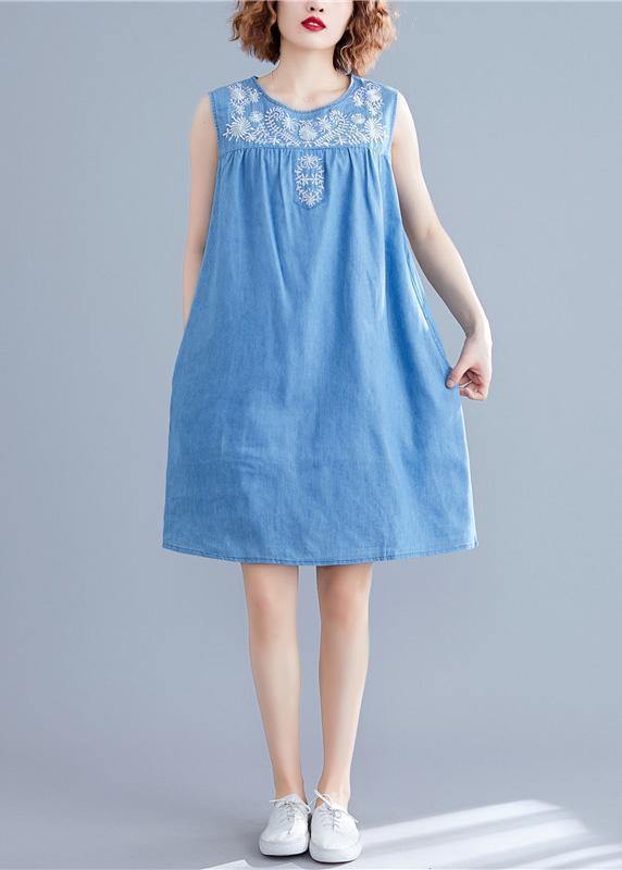Diy Sleeveless Embroidery Cotton Clothes Work Denim Blue Dresses Summer