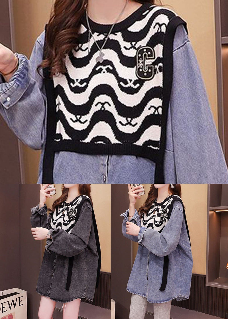 Denim Blue Patchwork Knit Denim Shirts Oversized Print Spring