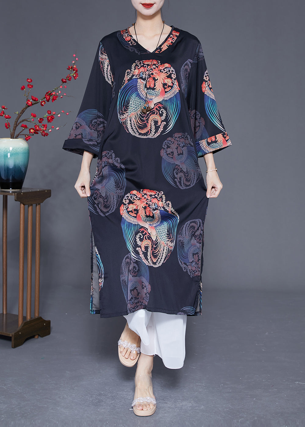 Diy Black V Neck Print Side Open Silk Dresses Bracelet Sleeve