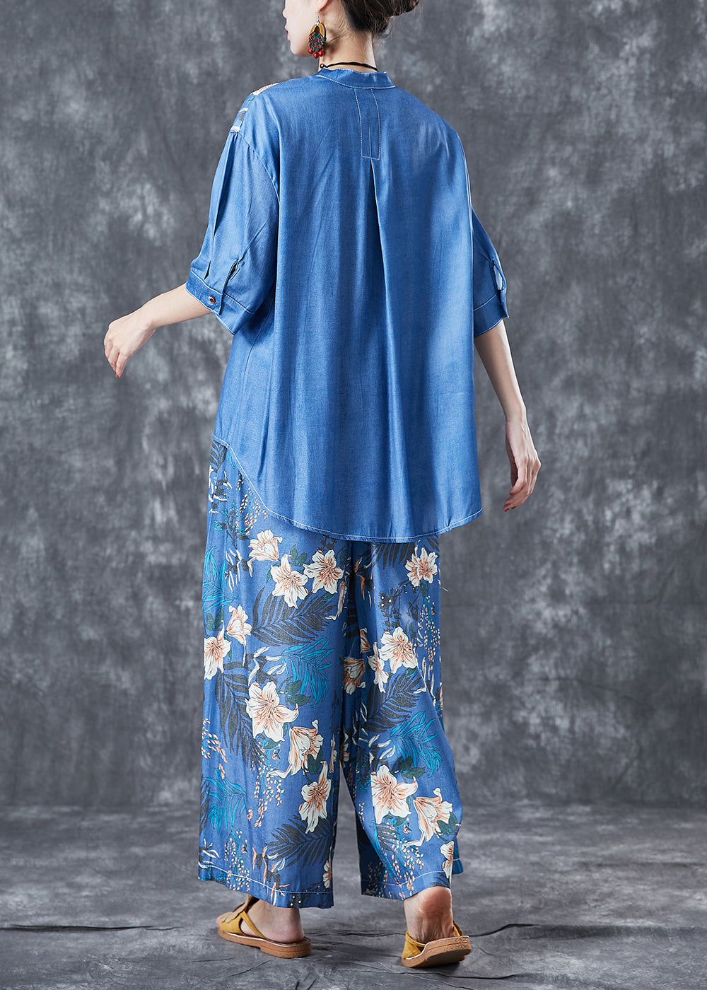 Diy Blue Asymmetrical Print Denim Two-piece Set Summer