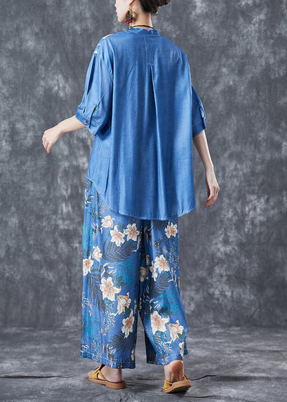 Diy Blue Asymmetrical Print Denim Two-piece Set Summer
