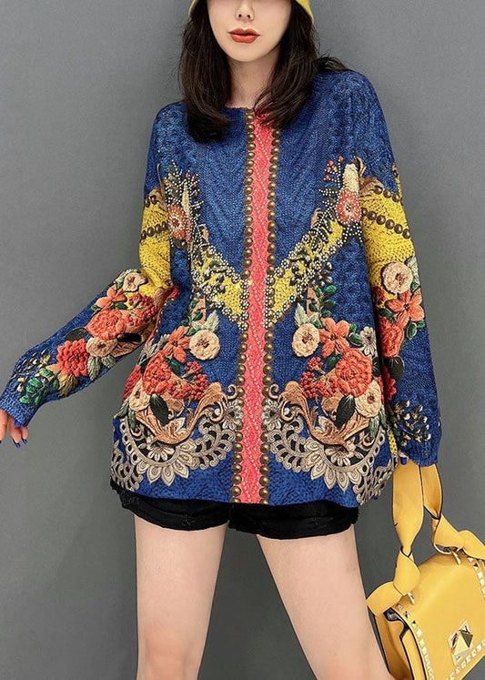 Diy Blue O-neck Print Knit Sweater Tops Winter