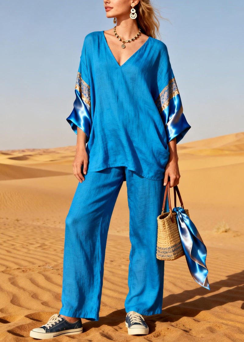 Diy Blue Oversized Patchwork Linen Silk Two Piece Set Outfits Spring