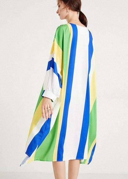Diy Blue Striped Loose Bat Wing Sleeve Striped Summer Long Sleeve Dress