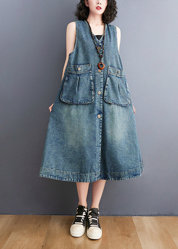Diy Blue V Neck Pockets Cotton Denim a Line Dresses Sleeveless