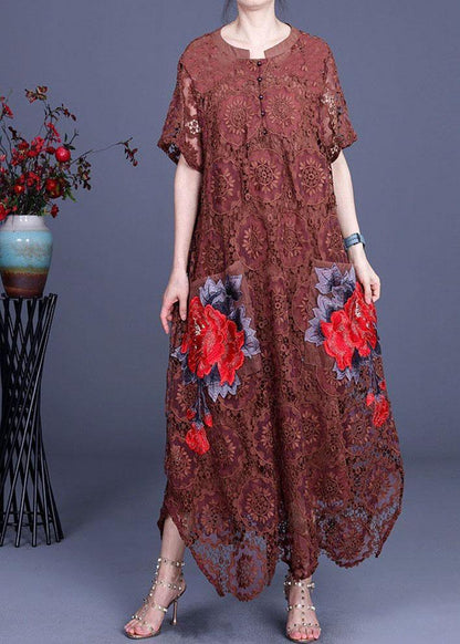 Diy Chocolate Embroideried Pockets Lace Button Summer Dresses