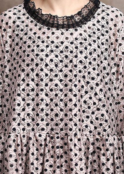 Diy Khaki Dot Silk Patchwork Lace Mid Dress Summer