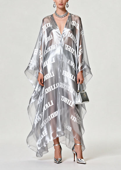 Diy Silvery Oversized Letter Print Chiffon Maxi Dress Summer
