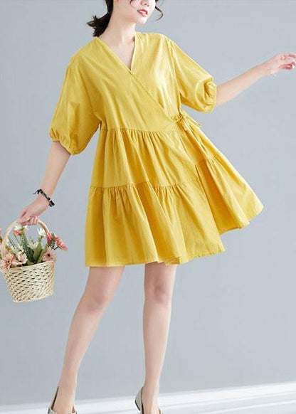 Diy Yellow Button Asymmetrical Design Summer Cotton Dress