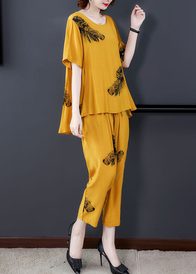 Diy Yellow O-neck Wrinkled Patchwork Cotton Two Piece Suit Set Summer