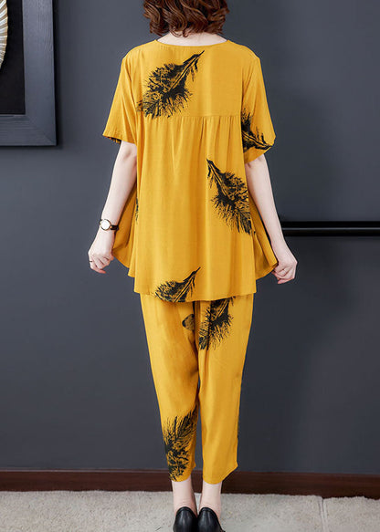 Diy Yellow O-neck Wrinkled Patchwork Cotton Two Piece Suit Set Summer