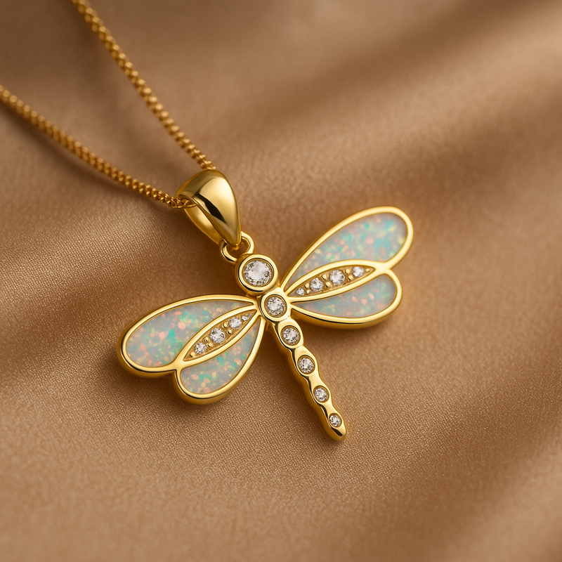 Gold Dragonfly Necklace With Opal Accent