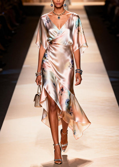 Apricot Asymmetrical Print Chiffon Party Dress Summer