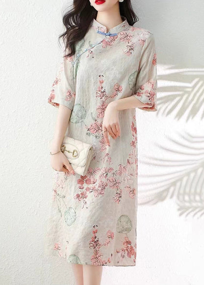Apricot Button Print Linen Dress Half Sleeve